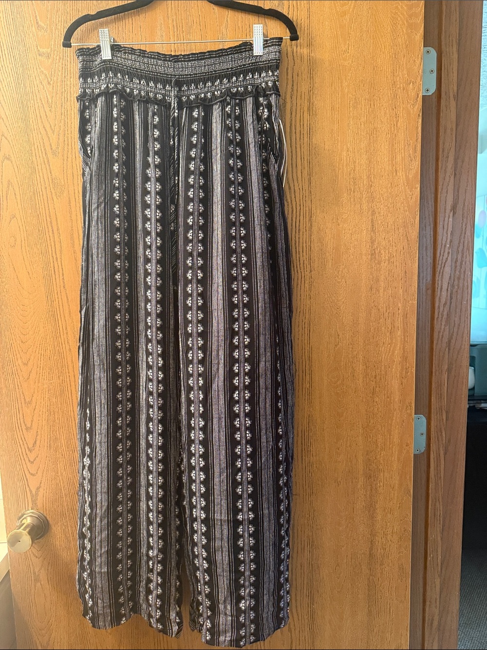 Black Printed Wide-Leg Pants with Smocked Waist — Women's